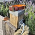 A brown and orange dog collar with gold buckles is looped around a wooden post with a metal cap. A thick rope is tied to a metal hook below, and purple flowers grow in the background.