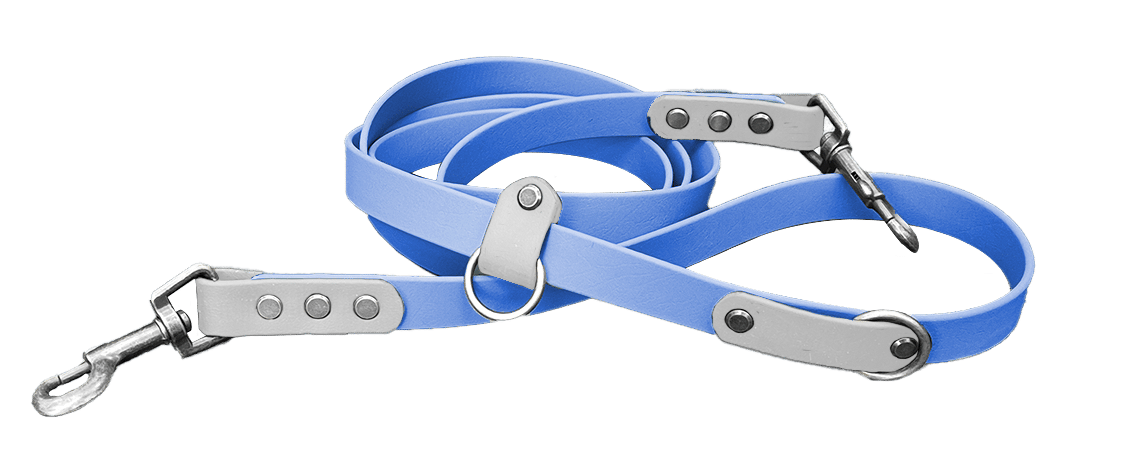 A coiled light blue dog lead with metal clasps and fittings, including a central metal ring, displayed on a white background.