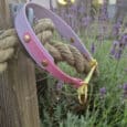 A pink and purple dog collar with brass studs and a gold ring hangs on a thick rope, with lavender flowers and green foliage in the background at sunset.