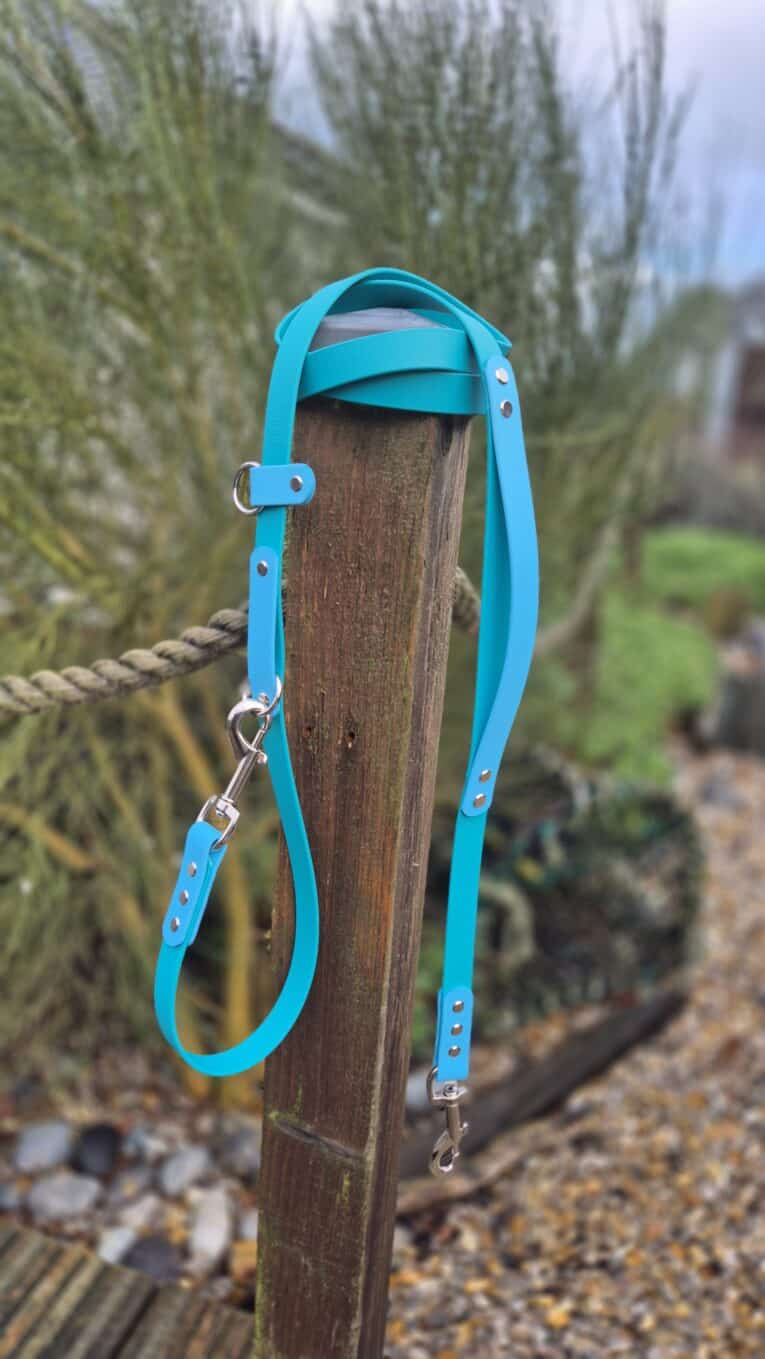 A Custom 2m Multi-way Double-ended Lead in bright blue is looped round a wooden post outdoors, with greenery and a rope fence behind it. Pebbles and rocks are scattered on the ground.