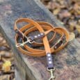 A Custom Two Colour Multi-way Lead with brass fittings, in orange leather, is coiled on a weathered wooden bench, with brown fallen leaves scattered across the ground in the background.