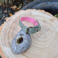 A green and pink collar with a brass buckle is placed on a grey stone with a hole, set on top of a large, flat tree stump outdoors with plants and a decorative rabbit in the background.