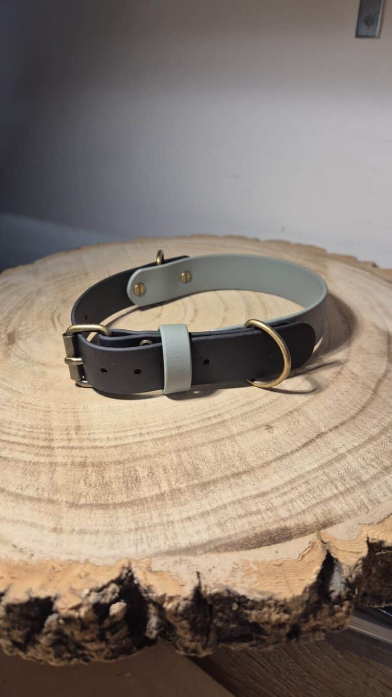 A black and grey leather collar with gold fittings rests on a round wooden surface with visible tree rings.