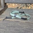 A light green dog lead with black and brass fittings is coiled on a weathered wooden bench outdoors, with tree roots and fallen leaves visible in the background.