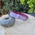 A light purple dog collar with a metal buckle is displayed on a smooth stone atop a tree stump, with green leafy plants in the blurred background.