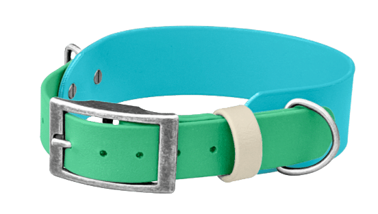 Handmade BioThane wide collar in turquoise and green with metal buckle and D-ring hardware, showcasing waterproof synthetic material design.