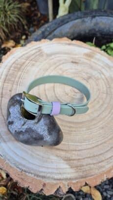 Sea Lavender handmade BioThane dog collar with purple keeper detail, displayed on a wooden log cross-section.