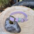 A pastel purple pet collar with a silver buckle lies draped over a smooth grey stone, both placed on a large, round tree stump with visible rings. Green plants and a garden background are visible behind.