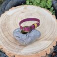 A pink bracelet with a gold buckle is displayed on a grey stone, which sits on top of a tree stump surrounded by greenery and fallen leaves.