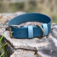 The Custom Extra Wide Single Colour Collar in blue and grey, featuring a brass buckle and ring, is displayed on a weathered tree stump outdoors with blurred greenery in the background.