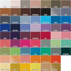 Comprehensive colour palette swatch guide displaying Lutchfords hand-made Biothane dog collar options across neutrals, blues, greens, pinks and earth tones.
