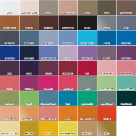 Comprehensive colour palette swatch guide displaying Lutchfords hand-made Biothane dog collar options across neutrals, blues, greens, pinks and earth tones.