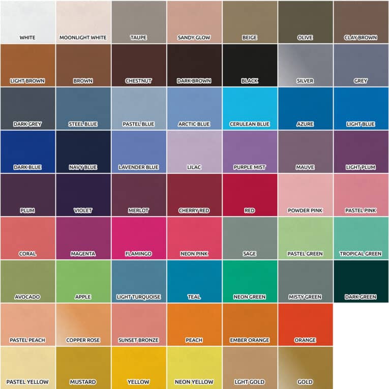 Comprehensive colour palette swatch guide displaying Lutchfords hand-made Biothane dog collar options across neutrals, blues, greens, pinks and earth tones.
