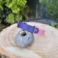 The Sweet Violet Two Colour Collar in purple and pink with a gold buckle is displayed on a round wooden tree stump with a small grey stone beneath it, surrounded by green plants and a wooden fence in the background.