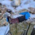 A blue and brown Quick-Snap Bungee Collar with a black plastic buckle sits atop a weathered wooden post outdoors, surrounded by snow and rocks.