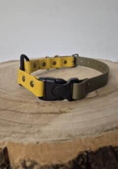 Yellow and olive quick-snap customisable dog collar with black buckle, displayed on natural wood surface.