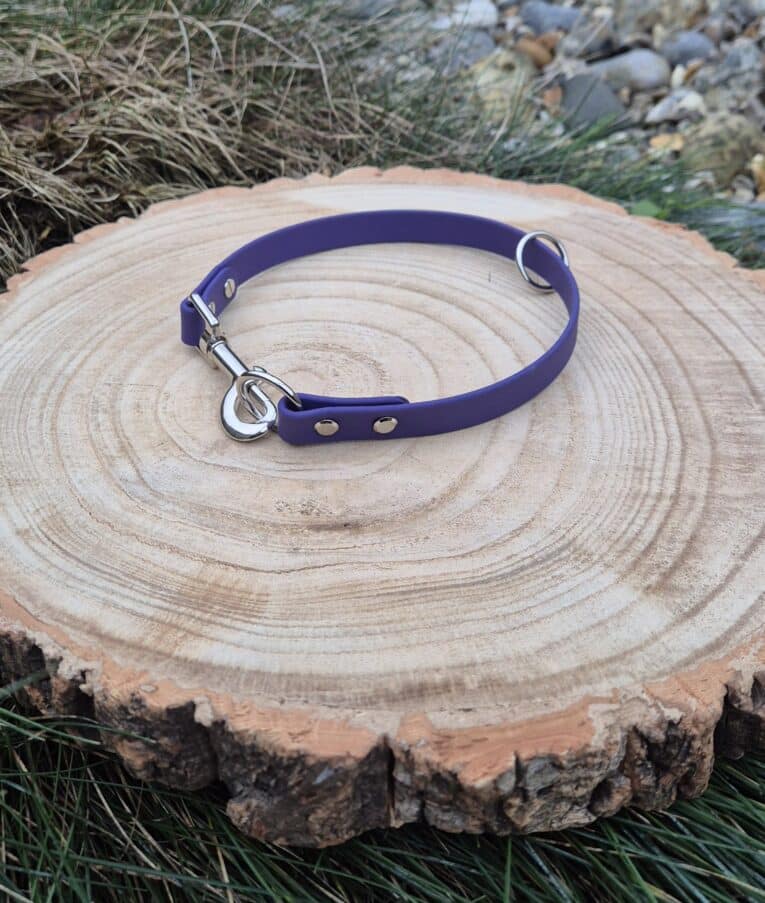 The Custom Snap Tag/Slip Collar in purple is shown on a round wooden tree slice, featuring a metal clasp and D-ring, surrounded by grass and small stones.