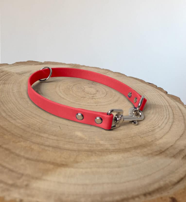 A pink dog collar with silver metal fittings and rivets is laid flat on a wooden surface with visible rings and patterns, against a plain light background.