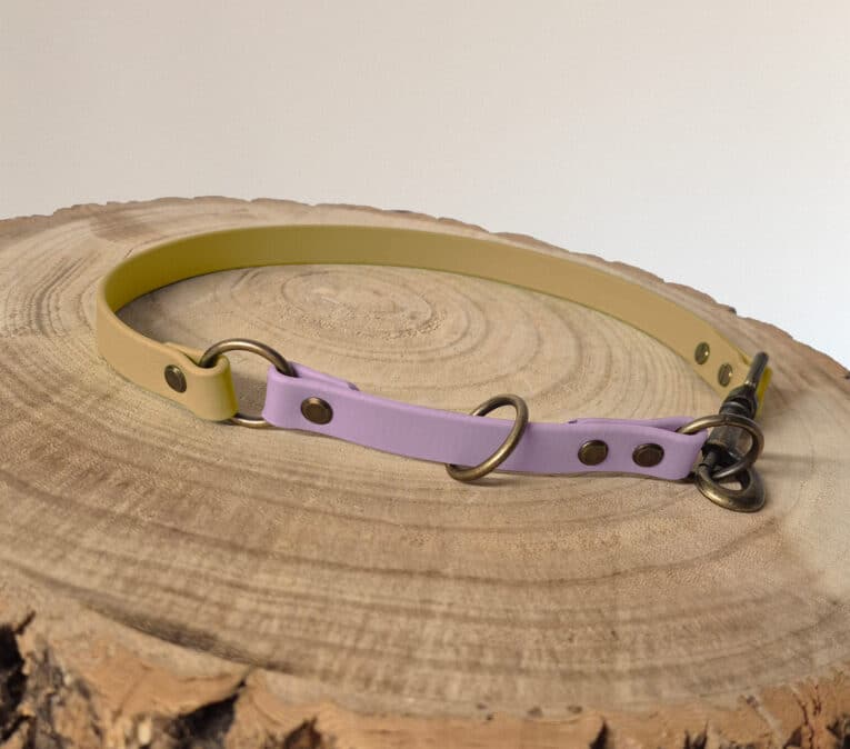A pastel yellow and lavender dog collar with brass fittings is displayed on a round wooden tree stump, against a neutral background.