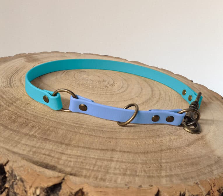 A blue and lavender dog collar with brass fittings is displayed in a circle on a wooden tree slice with visible rings.