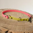 A dog collar with a pink band and a yellow-green adjustable strap and brass fittings, resting on a round wooden tree stump with visible rings.