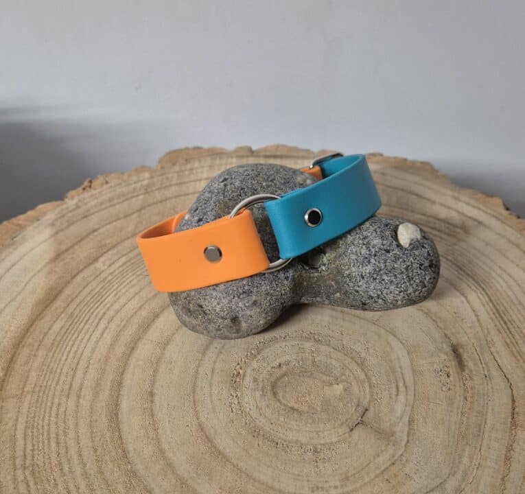 A Centre O-Ring Collar / Gundog Collar in two-tone orange and teal with a metal buckle is shown on a smooth grey stone placed atop a wooden surface featuring visible tree rings.