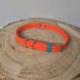 The Centre O-Ring Collar / Gundog Collar features a bright orange design with silver fittings, an O-Ring style, and blue accent, displayed flat on a wooden tree slice with a light grey background.