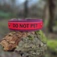 Red and purple waterproof BioThane printed double layer hound collar with 'DO NOT PET' warning text positioned on mossy tree branch.