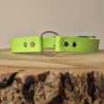 The Centre O-Ring Collar / Gundog Collar, made of bright green leather with metal studs and a centre O-ring, is shown on a textured wooden surface against a plain, neutral background.