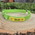 A Centre O-Ring Collar / Gundog Collar in bright green with a yellow nameplate reading "BUD" rests on a tree stump among greenery, backed by a wooden fence and potted plant.