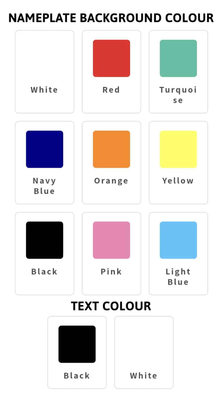A chart displays available nameplate background colours for your Centre O-Ring Collar / Gundog Collar: white, red, turquoise, navy blue, orange, yellow, black, pink, and light blue. Choose black or white text for the O-Ring Collar.