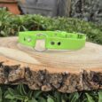 A Centre O-Ring Collar / Gundog Collar in bright green with metal rivets is displayed outdoors on a wooden tree slice, surrounded by green plants and a wooden fence in the background.