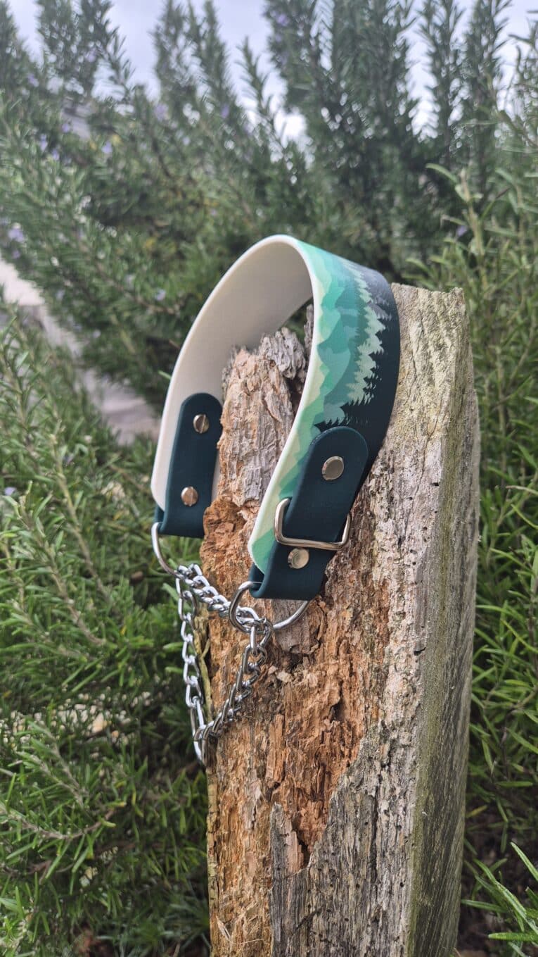 A Martingale / Half-Check Collar in green and white with a forest tree pattern sits atop a weathered tree stump, surrounded by vibrant greenery.