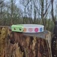 A Tag Collars bracelet featuring colourful heart-shaped designs and messages rests on a weathered tree stump in a forest clearing with bare trees in the background.
