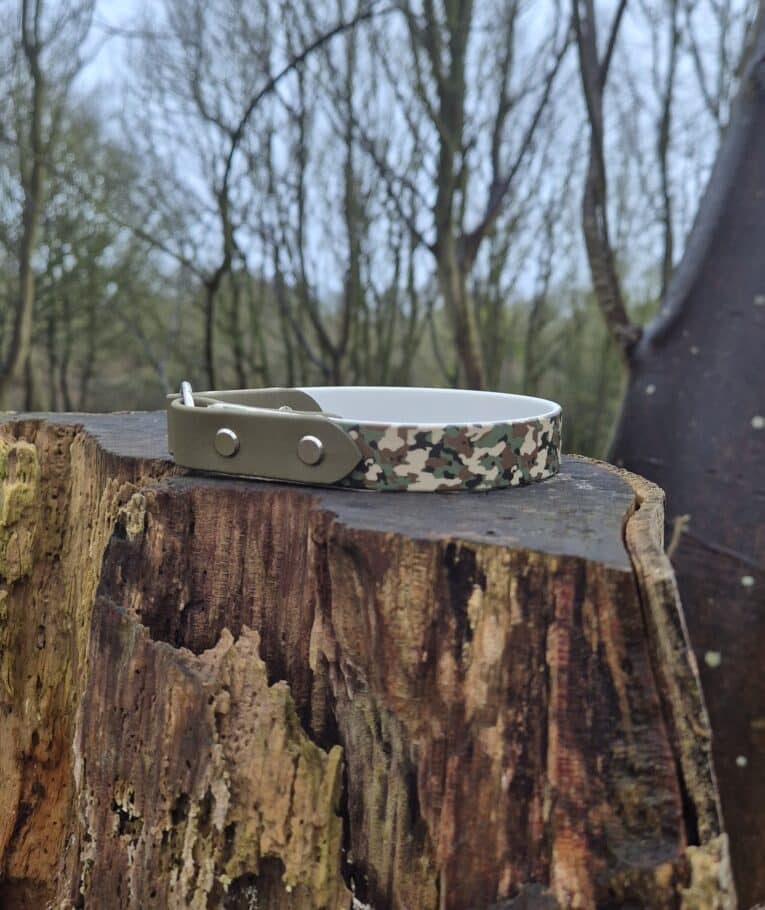 A Tag Collars camouflage-patterned bracelet with a metal buckle rests on a weathered tree stump in a forest of leafless trees.