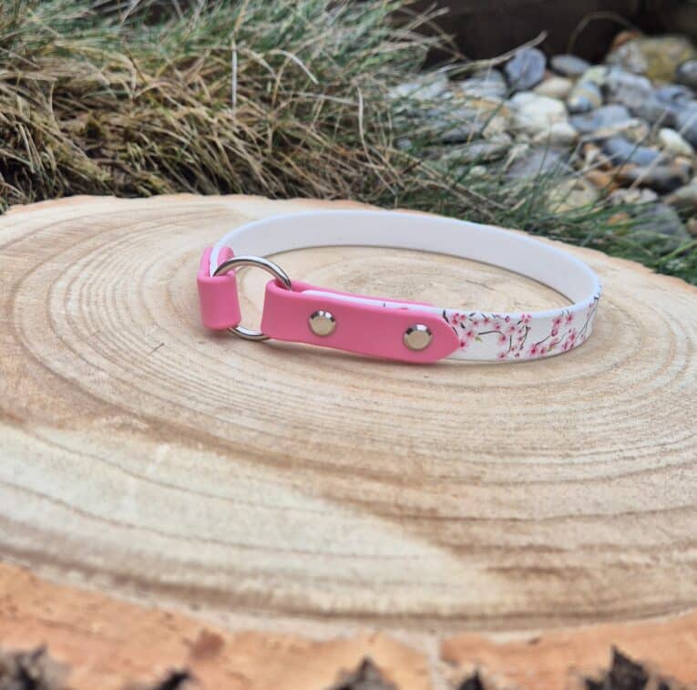 The Tag Collars pet collar, featuring a small white and pink design with floral patterns and metal studs, is shown on a tree stump with grass and rocks in the background.