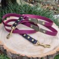 Three Blackwood Berry multi-way double-ended leads in Merlot, Olive and Black BioThane with brass hardware, displayed on a wood slice.