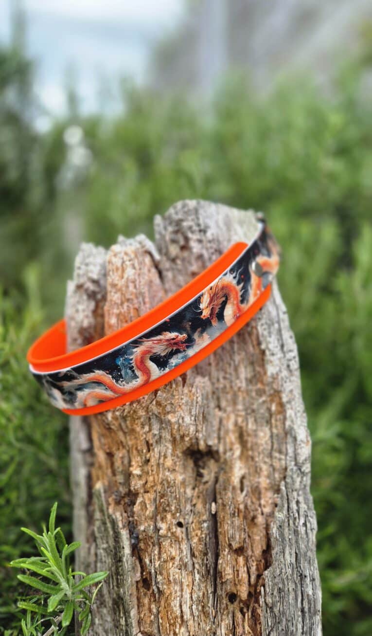 Printed double layer hound collar in orange and black dragon design, displayed on wooden post with garden background.