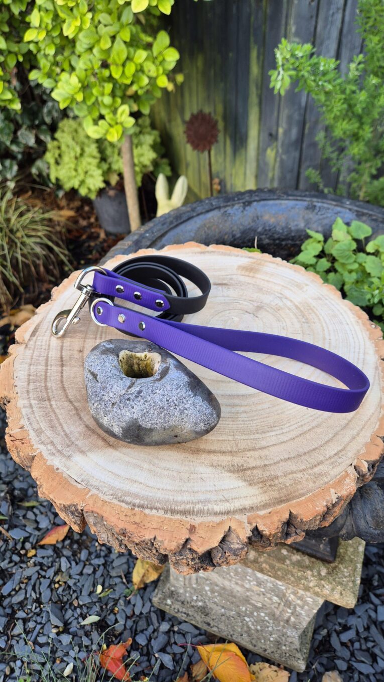 Midnight amethyst handmade BioThane dog lead and collar with nickel hardware displayed on wood.