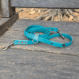 Turquoise BioThane multi-way double-ended lead with brass fittings, displayed on weathered wood fence.