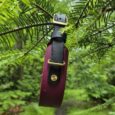 Burgundy and black tapered hound collar with brass hardware, suspended among vibrant green foliage, showcasing waterproof BioThane construction and customisable design.