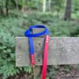 Custom two colour 1.2m BioThane lead in blue and pink with brass hardware, displayed on wooden fence in woodland setting.