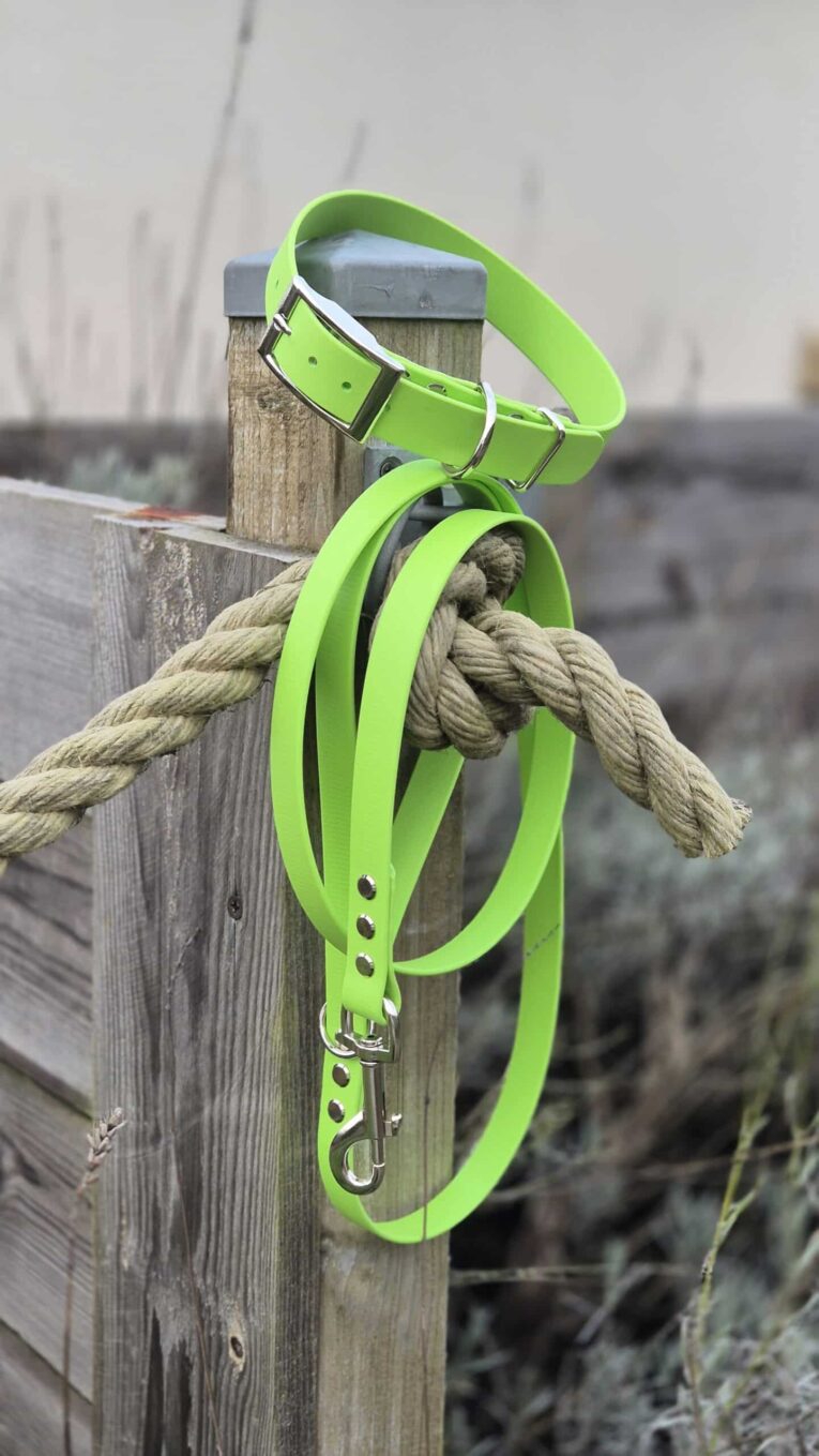 Bright lime green BioThane 1.2m lead with stainless steel hardware, draped over weathered wooden post beside rope.