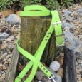 Bright lime green BioThane lead with nickel hardware and buckle, draped over weathered wood in natural setting.