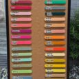 BioThane colour swatch chart displaying 40 waterproof collar colour options from soft pastels to vibrant neons.