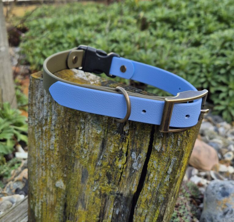 Blue and taupe BioThane quick-snap collar strap with brass hardware, displayed on weathered wood.