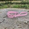 Pink BioThane dog lead with antique brass hardware, displayed on weathered wood in countryside setting.