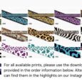 Lutchfords BioThane printed collars in vibrant animal prints, snake patterns, leopard spots, and geometric designs displayed in a colour palette range.