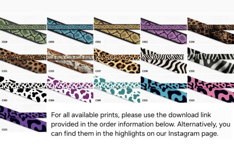 Lutchfords BioThane printed collars in vibrant animal prints, snake patterns, leopard spots, and geometric designs displayed in a colour palette range.