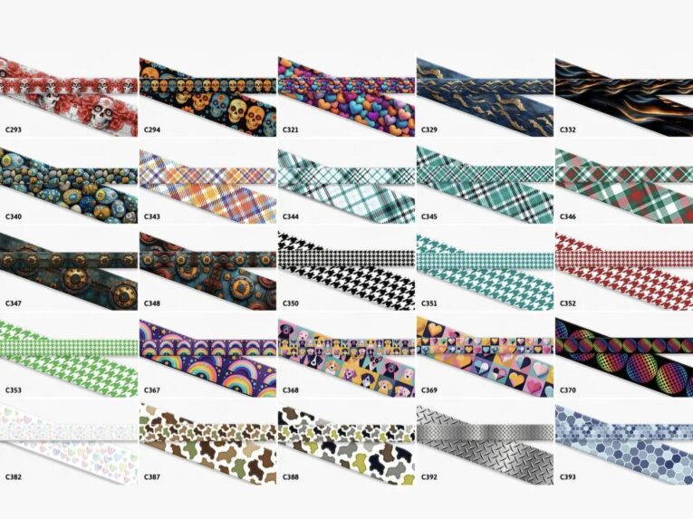 Vibrant BioThane printed martingale half-check collar designs in skulls, florals, patterns and houndstooth styles.